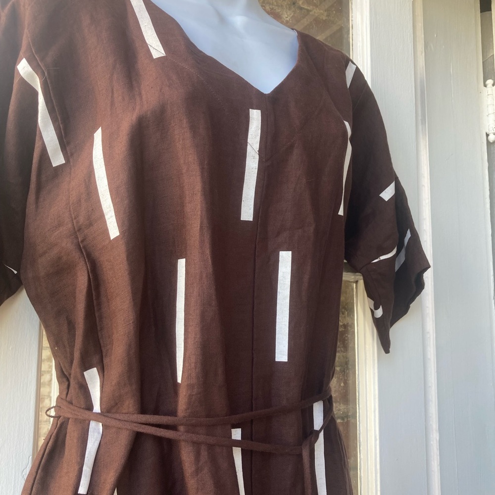 Lisa Bayne 100% Linen Dress White Stripe Accent Waist Tie Small NWT